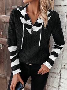 SHEIN LUNE Khối màu Sọc Tay áo dài Áo nỉ - Đen và trắng - Xem 6