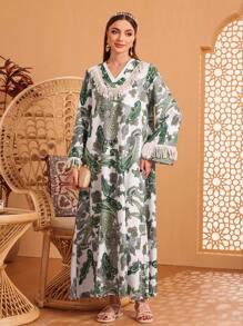 Al Najma Paisley Print Fringe V-Neck Dress