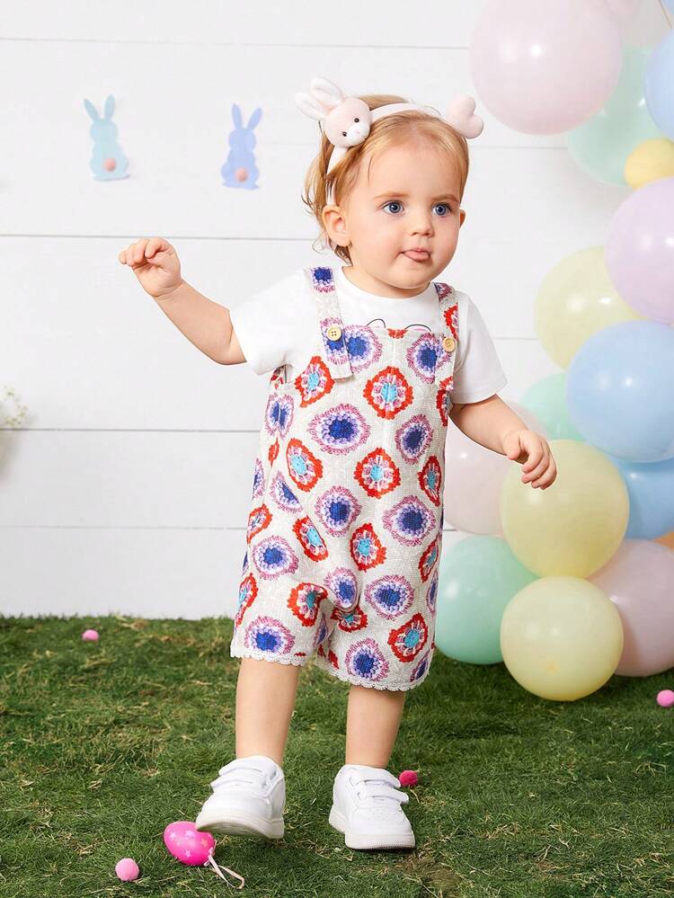 Infant Girls' Geometric Flower Pattern Sleeveless Romper With Suspenders