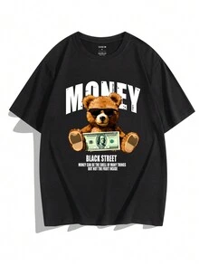 Men's Cartoon Bear And Slogan Print T-Shirt - Black - View 3