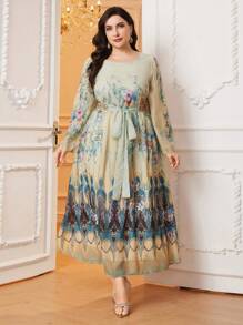 Modelyn Plus Size Floral Print Belted Dress - Multicolor - View 1
