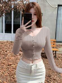 DAZY 女款 V 領紐扣 T 卹 - 棕色 - 查看 3