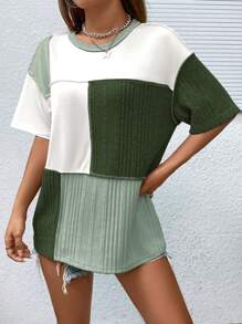 SHEIN Unity Colourblock Drop Shoulder Tee - Dark Green - View 7