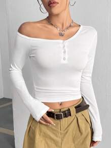SHEIN Unity White Asymmetrical Collar Long Sleeve T-Shirt - White - View 1