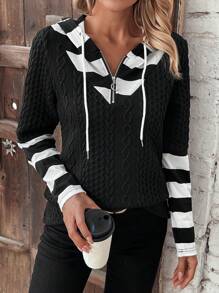 SHEIN LUNE Khối màu Sọc Tay áo dài Áo nỉ - Đen và trắng - Xem 3