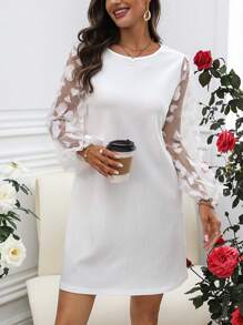 SHEIN LUNE 女性休閒網紗燈籠袖連心形裝飾連衣裙 - 白色 - 查看 4