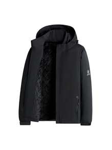 男式字母贴片连帽棉服大衣 - 黑色 - 查看 1