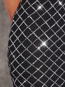 SHEIN Unity 亮片格纹网眼拼接性感吊带连衣裙 - 黑色 - 查看 5