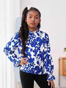 女孩花卉印花立領襯衫 - 藍色 - 查看 4