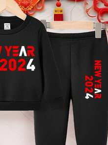 寶寶女孩休閒長袖運動衫和運動長褲套裝,短語印花和圓領設計,適合秋冬季節 - 黑色 - 查看 3