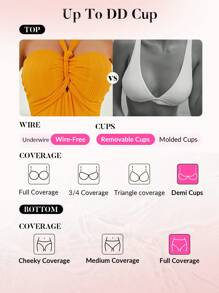 SHEIN Swim 女士罗纹挂脖式连体泳衣 夏季 - 黃色 - 查看 4