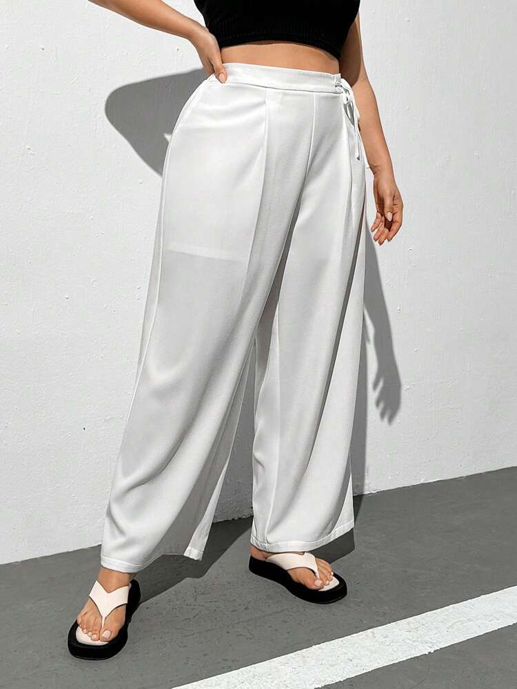 Women's Plus Size White Long Pants With Belt, Wide Leg Pants For Spring And Summer