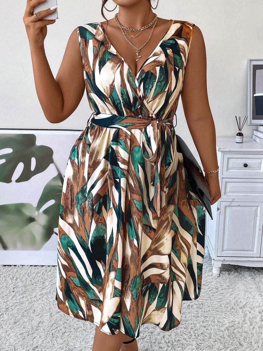 Breezaya Plus Size Sleeveless Full Print Belted Dress - Dark Green - View 1