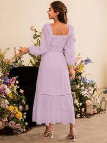 Simplee Women's V-Neck Puff Sleeve Mesh Embroidery Dress - Mauve Purple - View 2