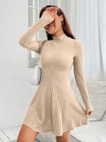 SHEIN PETITE 女款純色立領針織連身裙 - 杏色 - 查看 5