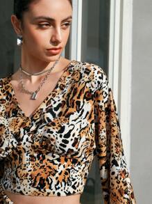 Chiquease 女士v領燈籠袖上衣劈裙豹紋套裝 - 彩色 - 查看 4