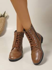 Women's Warm Brown Flat Heel Mid-calf Boots With Side Zipper, Lace-up And Pointed Toe Design For Autumn And Winter Outdoor Activities - Brown - View 1