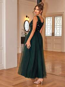 Joyfunear Women's Sparkling Contrast Mesh Flare Dress Summer Vacation Elegant - Dark Green - View 2
