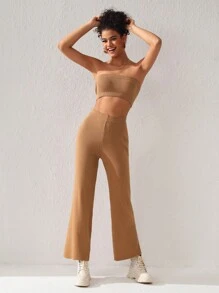 Queen Is The Title Designer Solid Ribbed Knit Tube Top & Wide Leg Pants, Fall Women Co-Ords, For Autumn, Holiday, Winter, Vacation - Camel - View 1