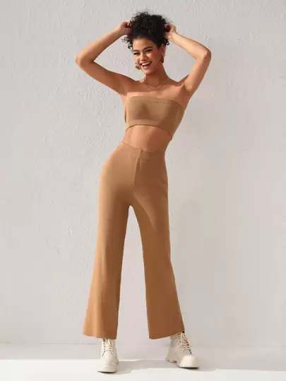 Queen Is The Title ربطة أنبوبية محبوكة بتصميم أساسي وبنطال ساق واسعة، بدلة نسائية للخريف، العطلات، الشتاء، إجازة