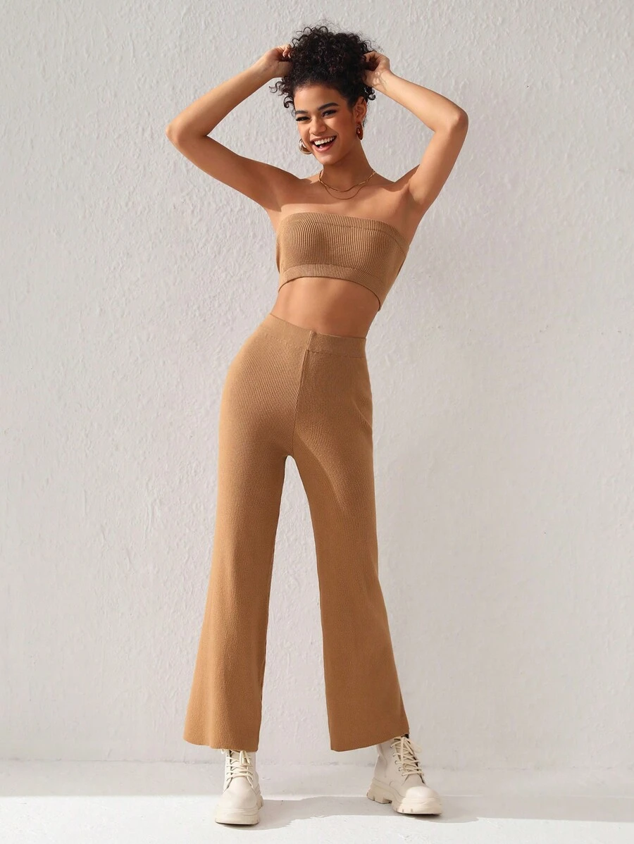 Queen Is The Title Designer Solid Ribbed Knit Tube Top & Wide Leg Pants, Fall Women Co-Ords, For Autumn, Holiday, Winter, Vacation - Camel - View 1