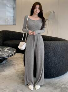 DAZY 女士单排扣长袖上衣和抽绳腰裤套装，女士两件套家居服套装