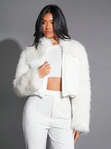 SHEIN BAE 粗针织和蓬松拼布白色短款拉链夹棉外套，冬季 - 白色 - 查看 5