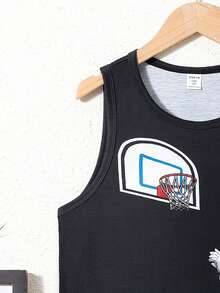 SHEIN 運動用Tween男童寬鬆版太空人印花圓領背心 - 黑色 - 查看 4