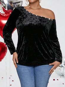 Flirla 大尺碼珍珠裝飾絨面運動衫