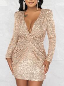 Slaydiva Váy mini bodycon tay dài xoắn cổ chữ V sâu thanh lịch cho nữ - Rượu sâm banh - Xem 9