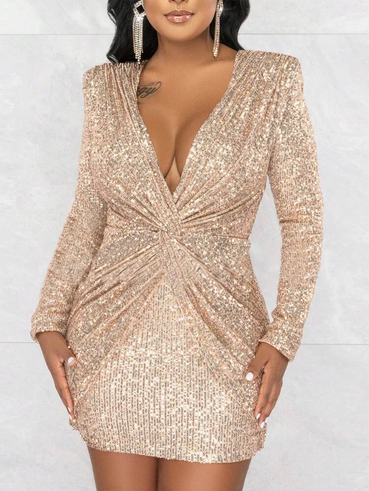 Elegant Party Deep V Long Sleeve Twist Apricot Sequin Mini Skirt Women's Bodycon Dress