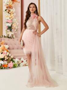 SHEIN Belle Vestido De Noche Decorado Con Flores 3d Y Lentejuelas, Encaje Y Detalles De Piel Con Estilo Pesado - Rosa - Ver 10