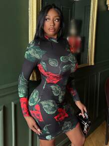 Slaydiva 女款修身玫瑰印花洋裝 - 黑色 - 查看 5