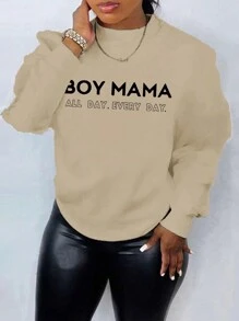 SHEIN EZwear Plus Size Letter Printed Fleece Sweatshirt - Khaki - View 1