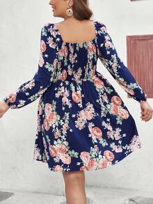 SHEIN VCAY 大碼女士花朵印花方領長袖夏季裙裝 - 彩色 - 查看 2