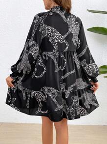 SHEIN Franclia 大尺碼豹紋領結燈籠袖裙 - 彩色 - 查看 3
