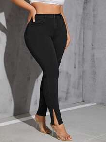 SHEIN SXY Kích thước lớn Eo cao Quần jean ôm Với Viền mép - màu đen - Xem 1