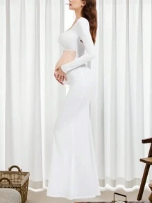 Maternity Fitted Backless Dress, Maternity Hollow Square Neck Long Dress, Suitable For Photography, Baby Shower Parties, Long Sleeve Design - White - View 5