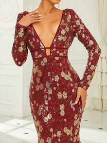 Vestido De Noche Formal Para Fiesta De Noche Para Mujer Con Lentejuelas De Patrón Floral En Escote En V Profundo - Burdeos - Ver 3