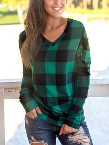 V領格子印花t卹 - 彩色 - 查看 4