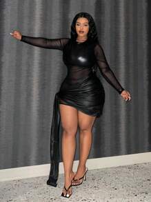 Slaydiva فستان ووقوف الياقة بالشبكة شفافة ورقعة قماشية للنساء والقياس الكبير - الأسود - مشاهدة 5