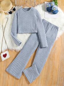 Set din două piese pentru fete Tween din tricot cu coaste - Bleu - Vizualizare 1