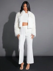 SHEIN BAE 粗针织和蓬松拼布白色短款拉链夹棉外套，冬季 - 白色 - 查看 4