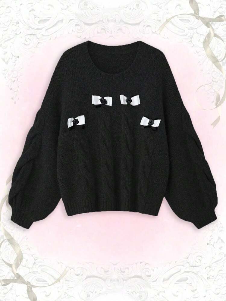 Plus Size Sweater With Bow Decorations Knit Pullover Fall Winter Sweater