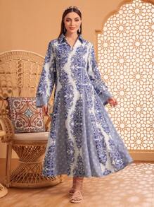 Al Najma 全印花长袖阿拉伯喇叭裙，端庄大方 - 彩色 - 查看 3