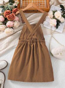 SHEIN 青少年女生用摩托車風格的灰色粗緯紋牛仔背帶裙，具有金屬扣細節 - 棕色 - 查看 2