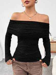 SHEIN EZwear Ladies' Solid Color Asymmetrical Off Shoulder T-Shirt - Black - View 5