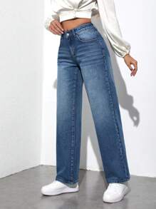 SHEIN Tall 女性直筒牛仔褲 - 中等水洗藍 - 查看 3
