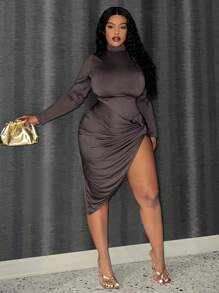 SHEIN Slayr Plus Size Long Sleeve Asymmetrical Hem Dress - Coffee Brown - View 4
