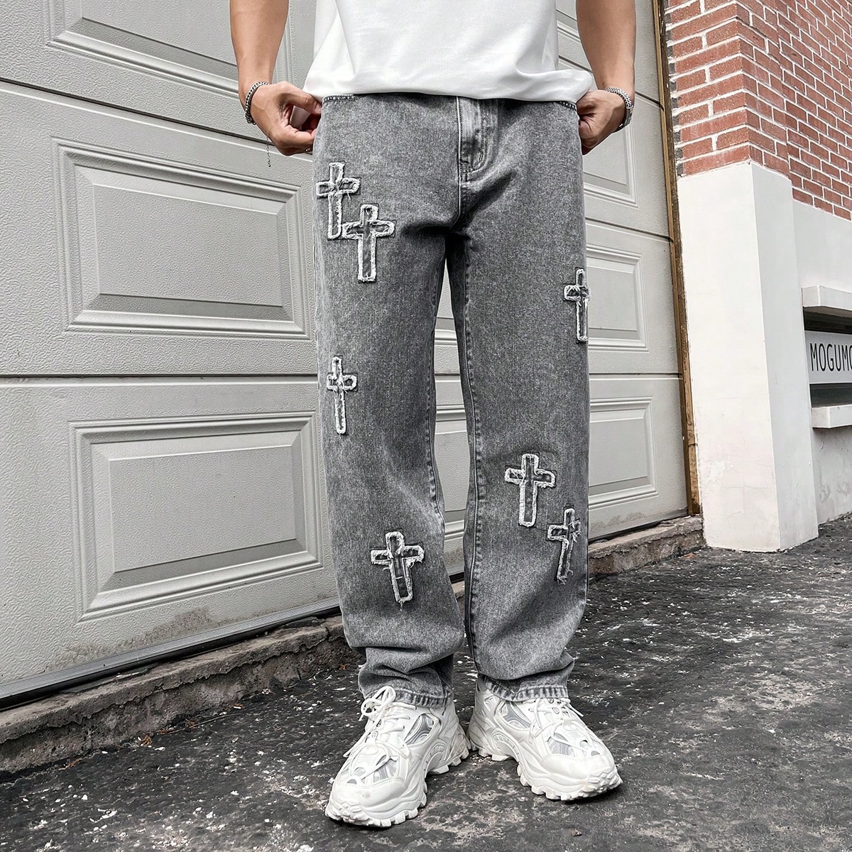 Jeans rectos de corte holgado para hombre con estampado de cruz, jeans largos sueltos de color gris claro lavado, para regalos de esposo o novio, esti
